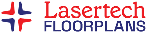 Lasertech Floorplans logo with a red and blue geometric star icon to the left of the company name in red and blue text.