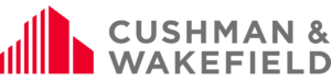 Logo of cushman & wakefield, featuring a red graphical element resembling buildings next to the company name.