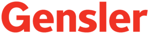 Logo of gensler, displayed in red capital letters on a transparent background.
