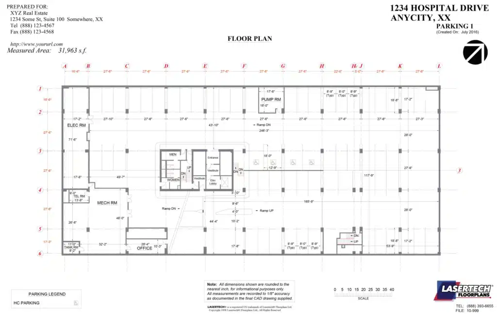 Architectural floor plan of a hospital building with labeled rooms and dimensions.