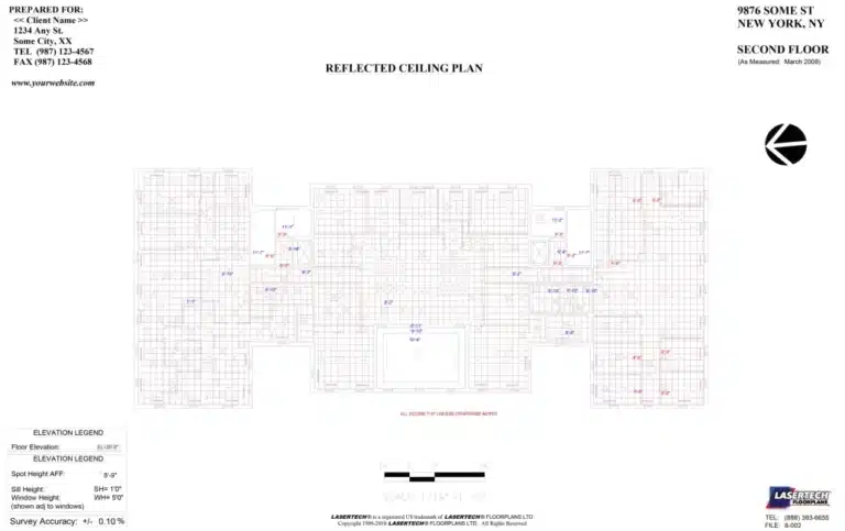 Reflected ceiling plan of a second-floor layout with grid lines, annotations, and lighting fixtures.