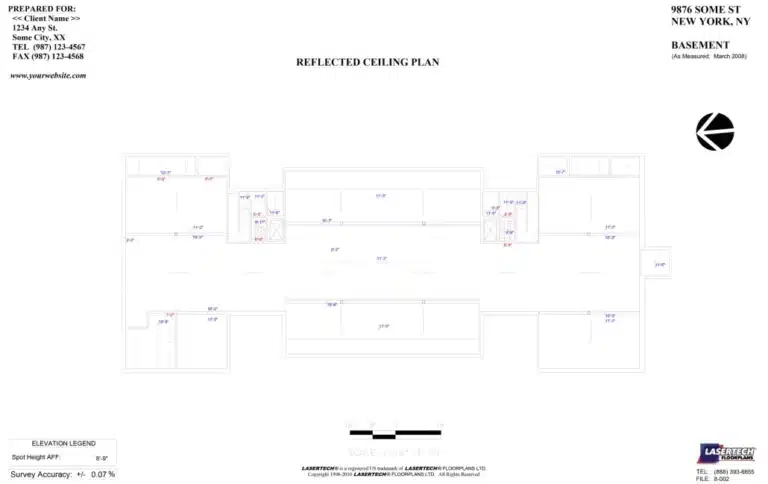 Reflected ceiling plan of a building's basement level with layout details and measurements.
