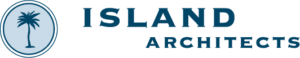 Logo of Island Architects featuring a minimalist palm tree within a circle on the left and the text "Island Architects" in blue to the right.
