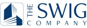 Logo of The Swig Company, featuring a stylized building in a square with the name of the company to the right.