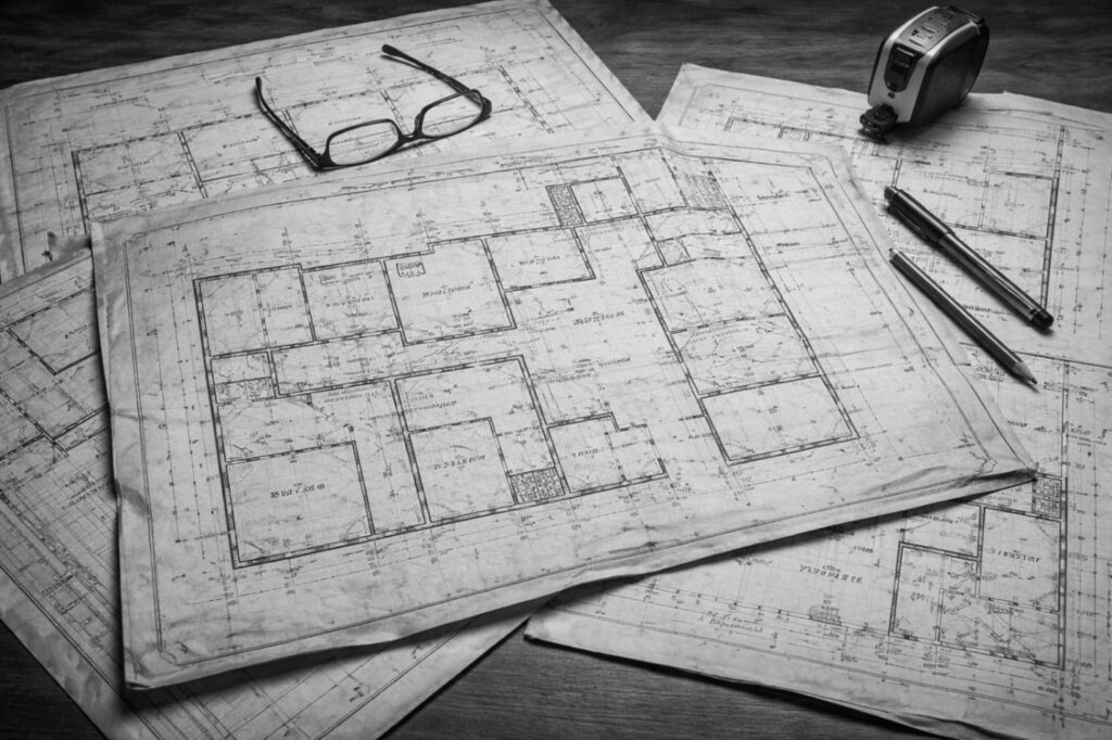 Black and white photo of architectural blueprints spread on a table, with a pair of glasses, two pencils, and a measuring tape placed on top.