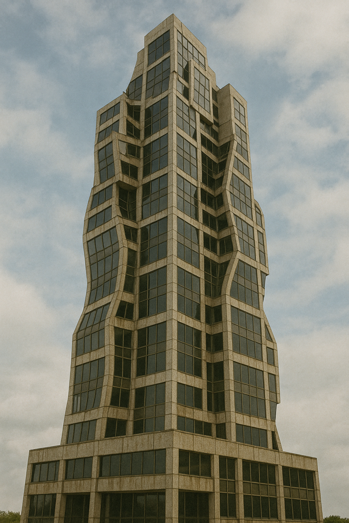 A tall modern office building with a unique wavy facade and numerous windows stands against a cloudy sky.