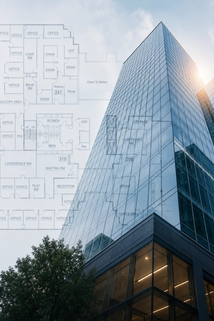 Glass office building against a clear sky with a semi-transparent overlay of an architectural floor plan, featuring office and conference rooms, exam rooms, and reception areas.