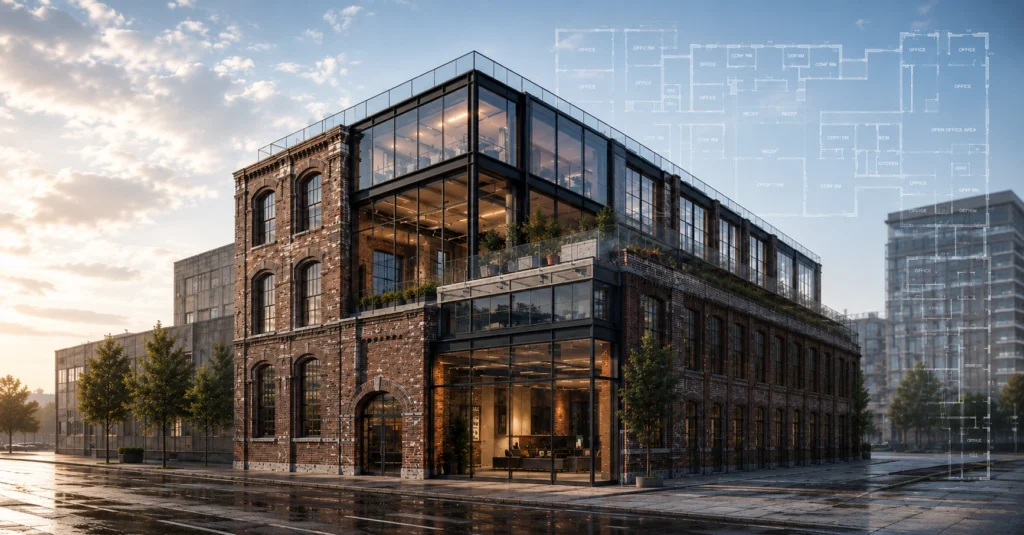 A renovated brick building with large glass windows and a modern extension, shown at sunrise; architectural floor plans faintly overlaid in the sky.